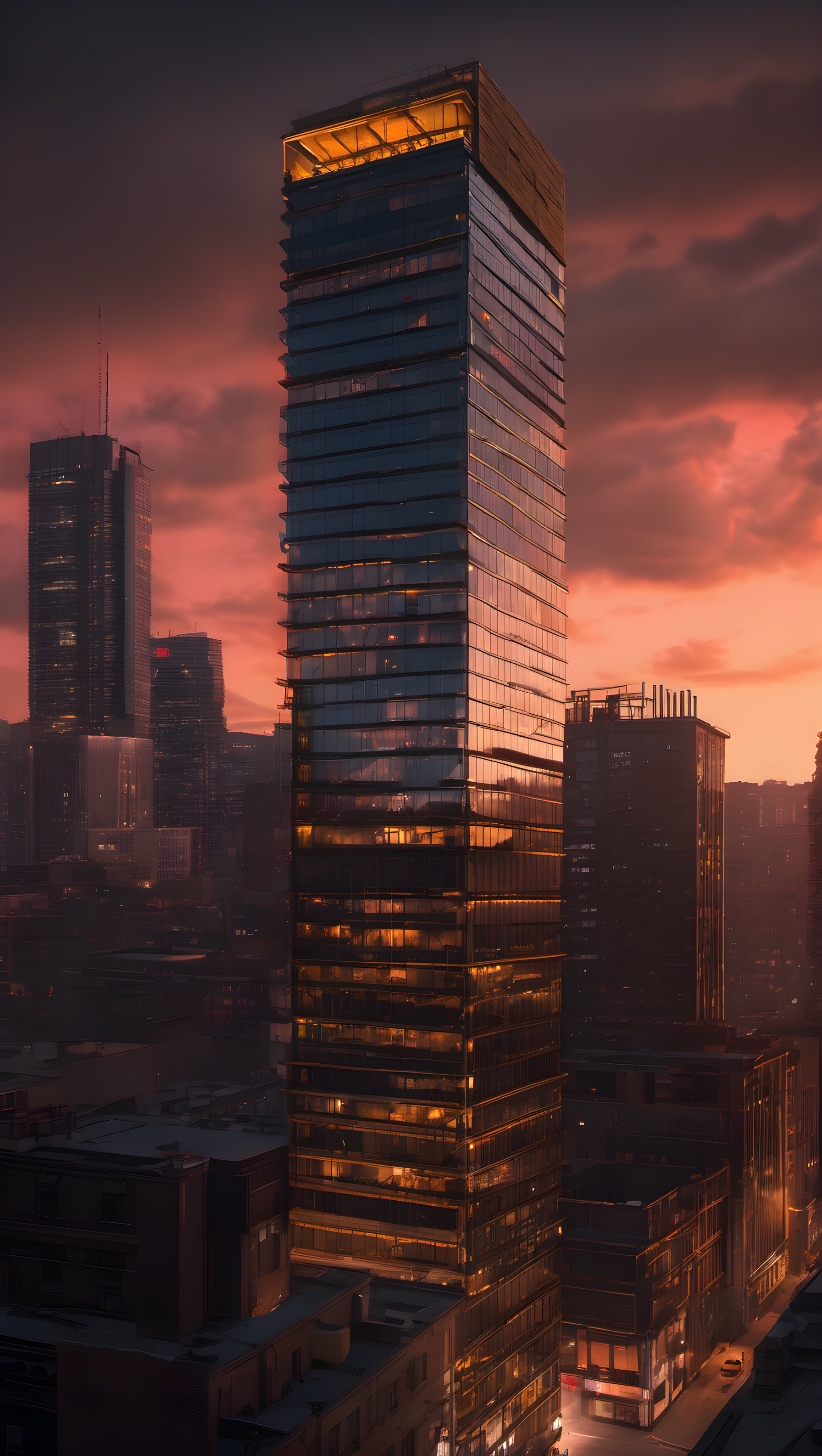 Modern Skyscraper Urban City Sunset Glow, skyscraper, cityscape, sunset, urban, modern architecture, orange sky