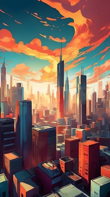 Vibrant City Skyline Sunset Anime Art Wallpaper