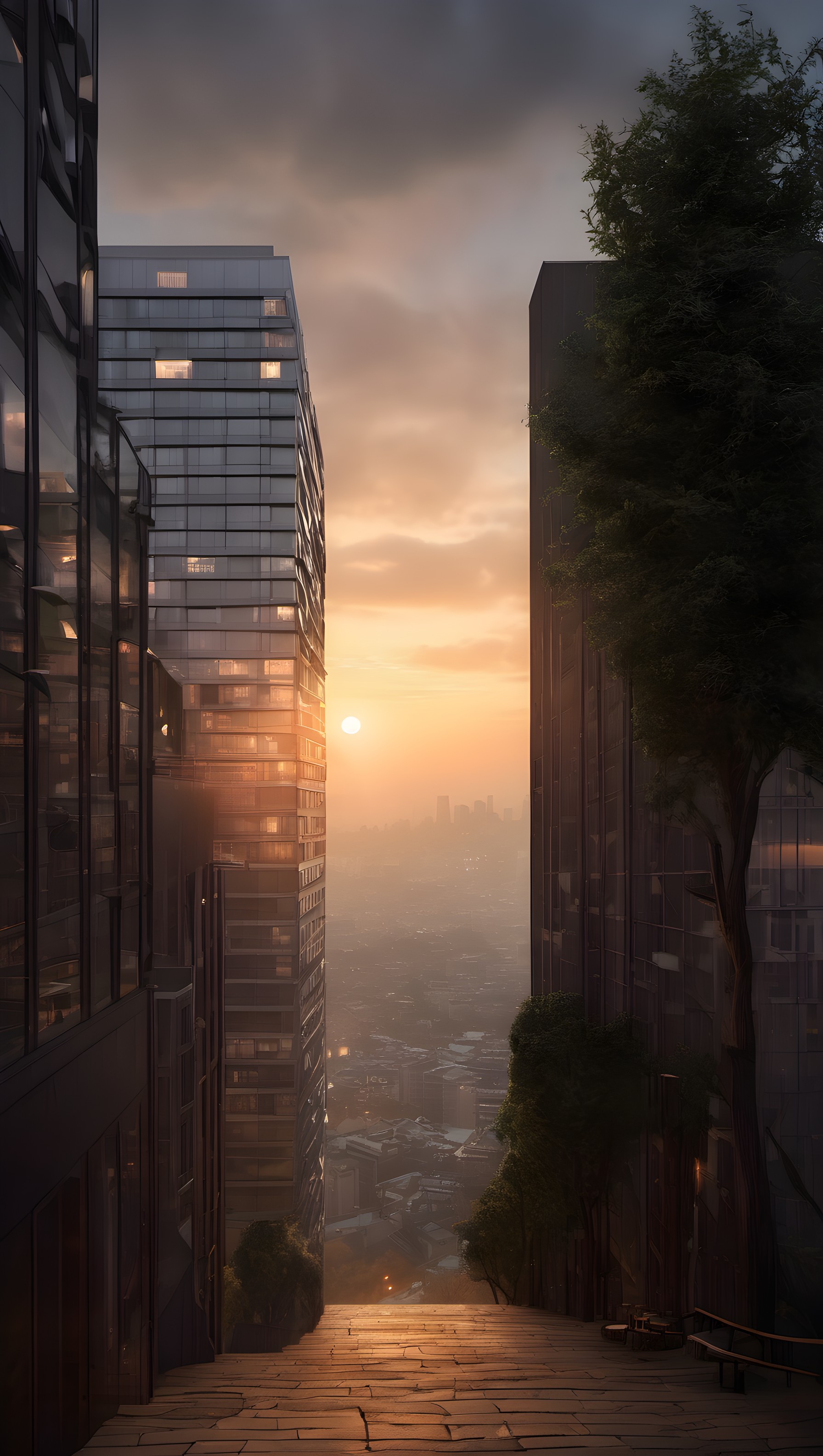 Golden Hour Urban Cityscape Pathway Wallpaper, cityscape, urban, golden hour, sunset, modern architecture, pathway