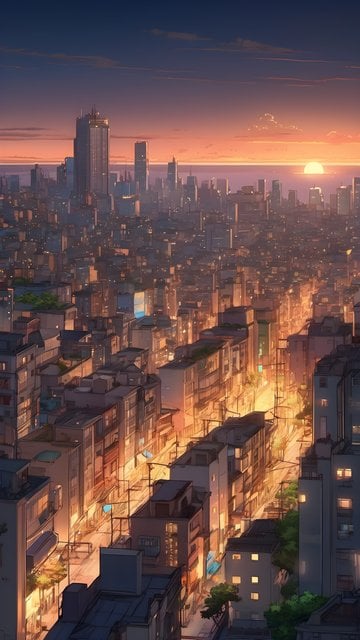 Golden Hour Cityscape Sunset Anime Wallpaper