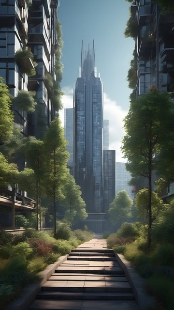 Lush Green Cityscape with Modern Tower