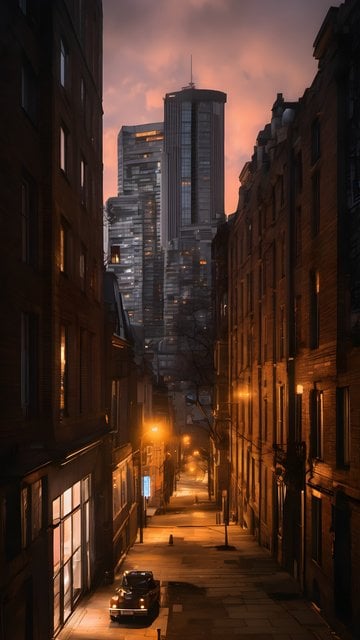 Urban Alley Sunset with Classic Car & Skyscrapers