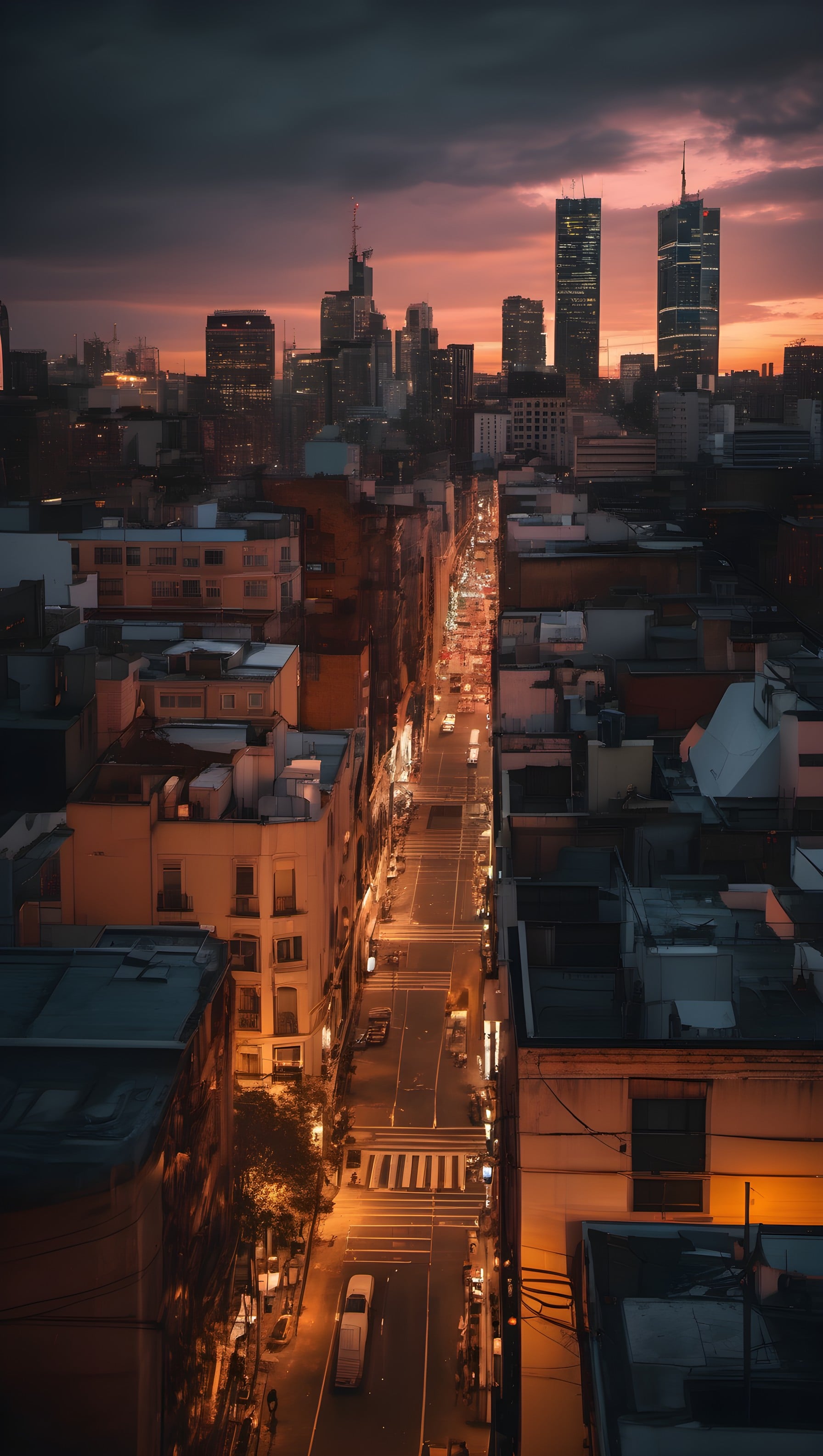 Urban Sunset Cityscape with Glowing Street Lights, cityscape, urban, sunset, dusk, street lights, skyline