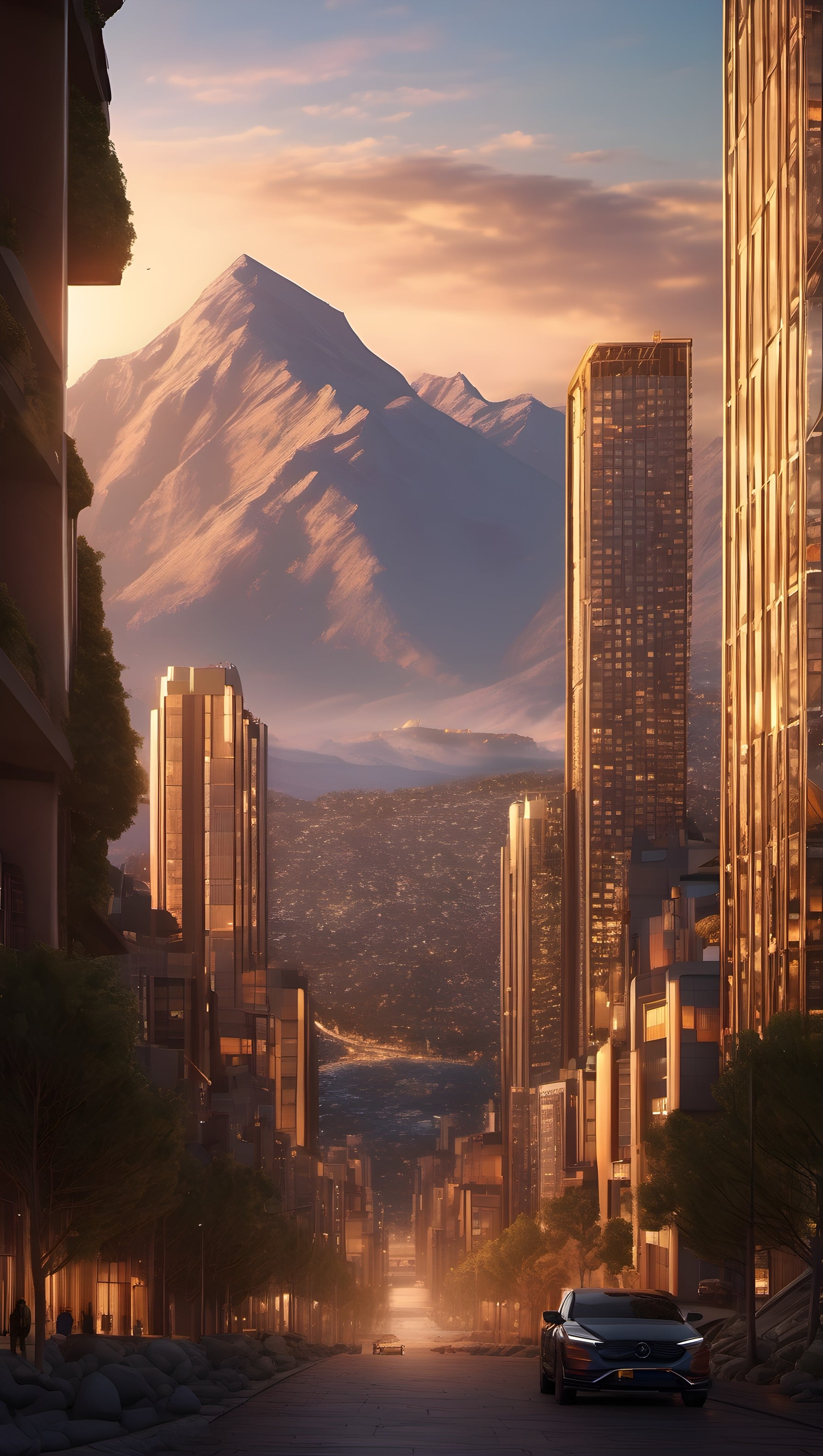 Golden City Skyscraper & Majestic Mountain Sunset, city, skyscraper, mountain, sunset, golden hour, urban