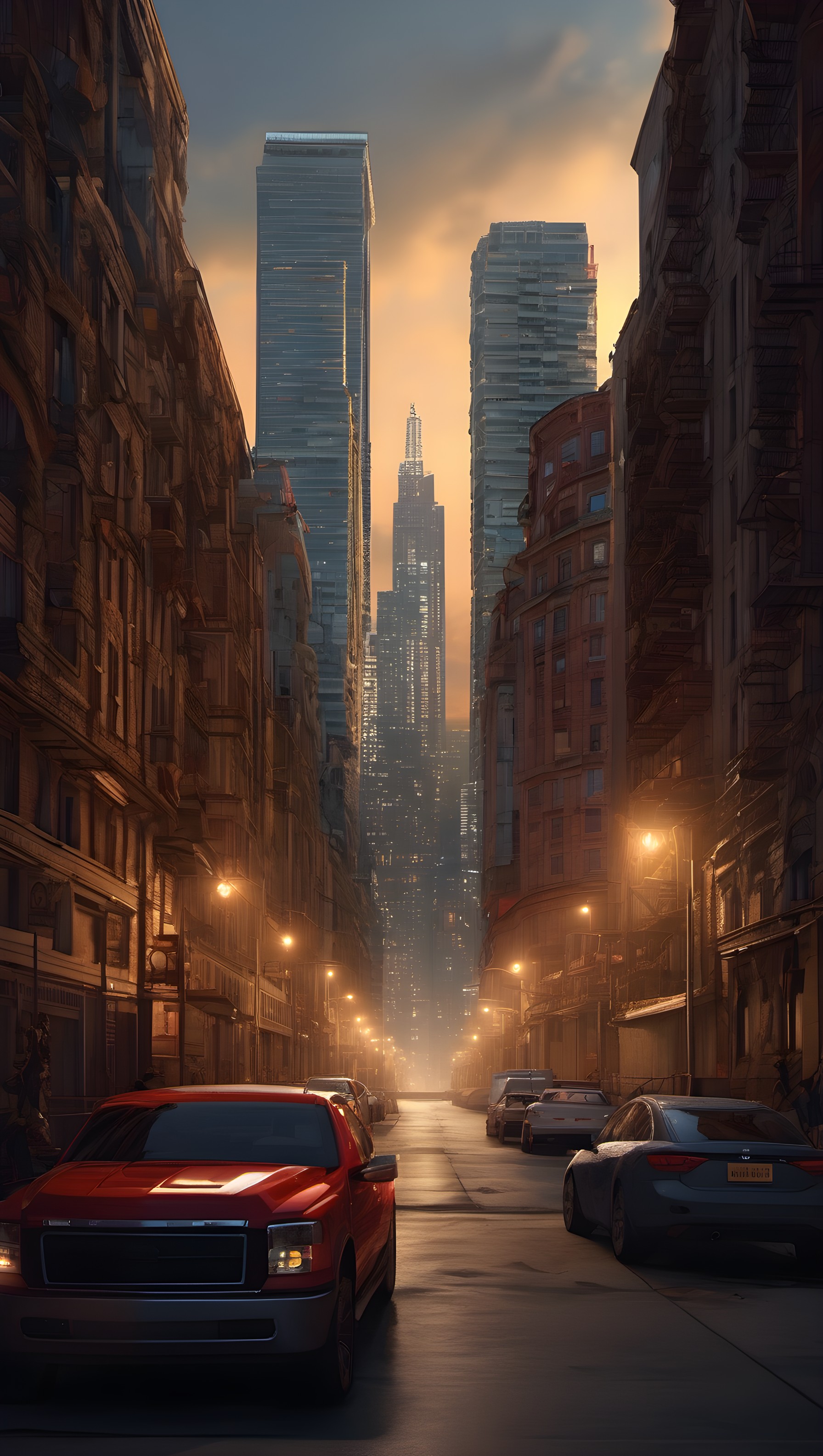 Golden Hour City Street Skyscraper View, city street, urban, golden hour, sunset, skyscrapers, cityscape