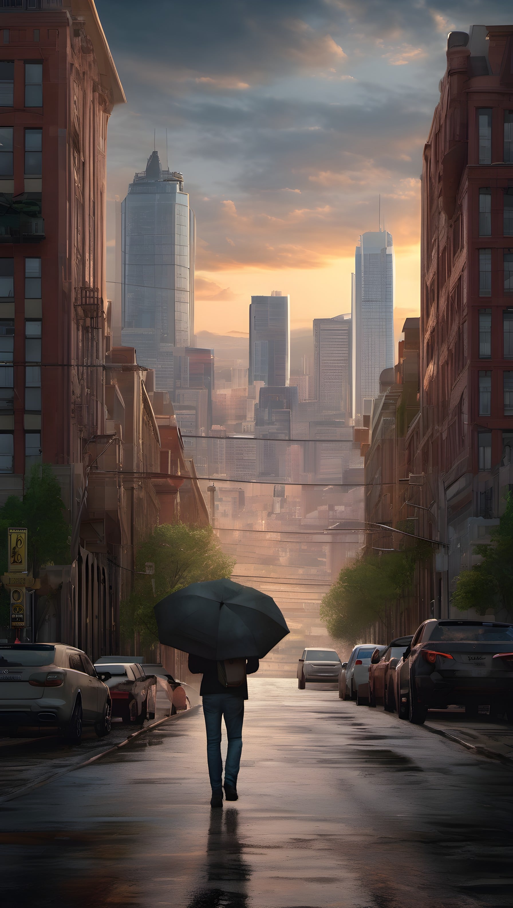 Urban Solitude: Rainy Sunset City Street Wallpaper, cityscape, rainy street, urban sunset, umbrella, solitude, moody