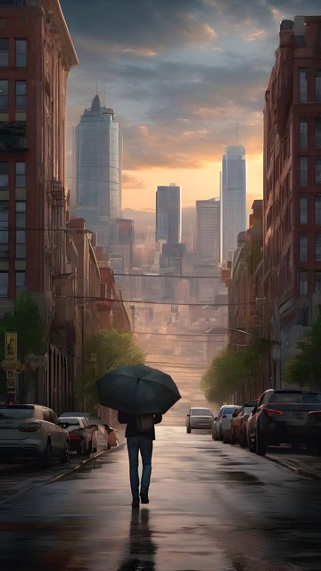 Urban Solitude: Rainy Sunset City Street Wallpaper