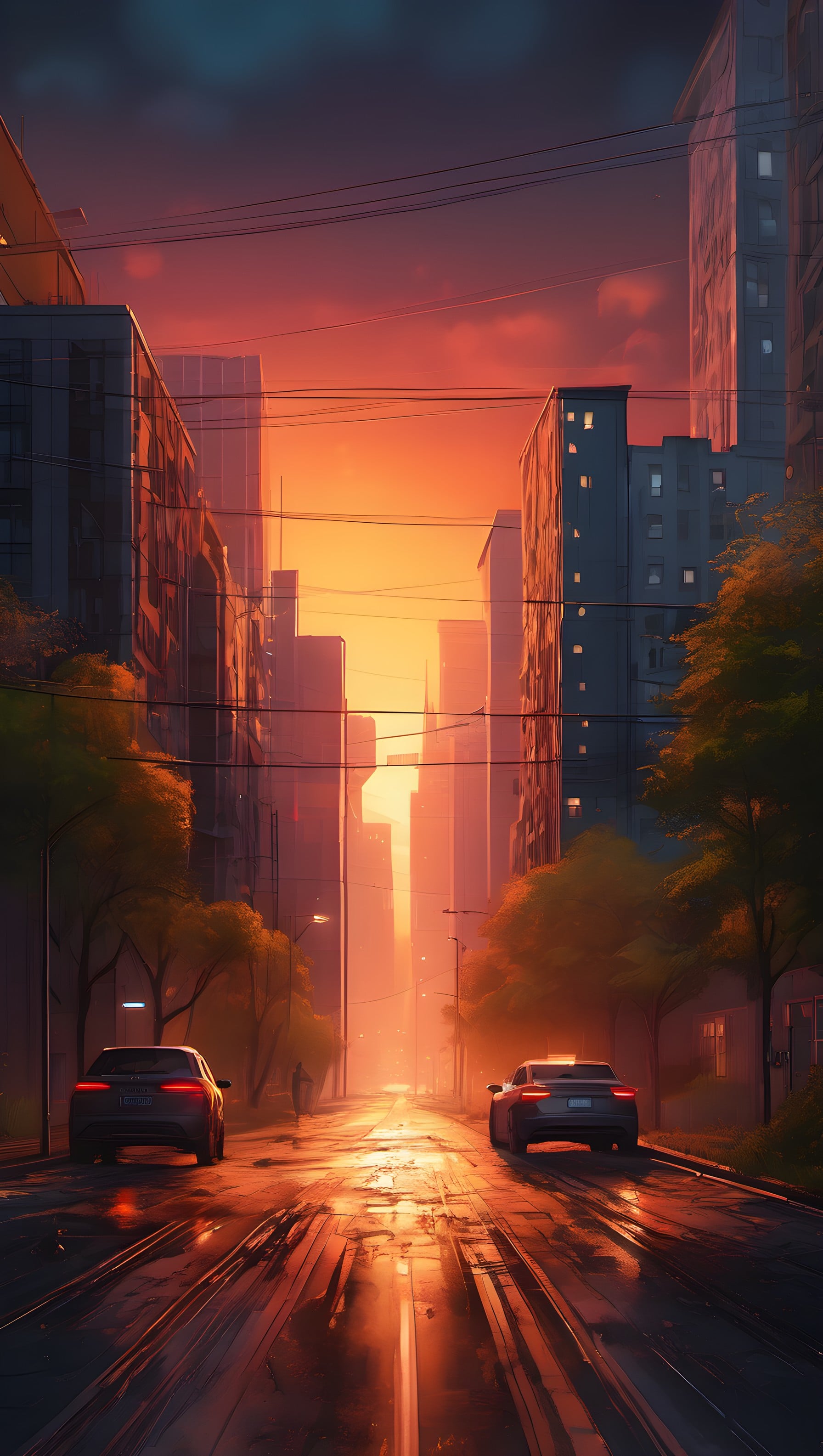 Urban Sunset Drive Aesthetic Cityscape, city street, sunset drive, urban landscape, golden hour, moody aesthetic, vibrant colors