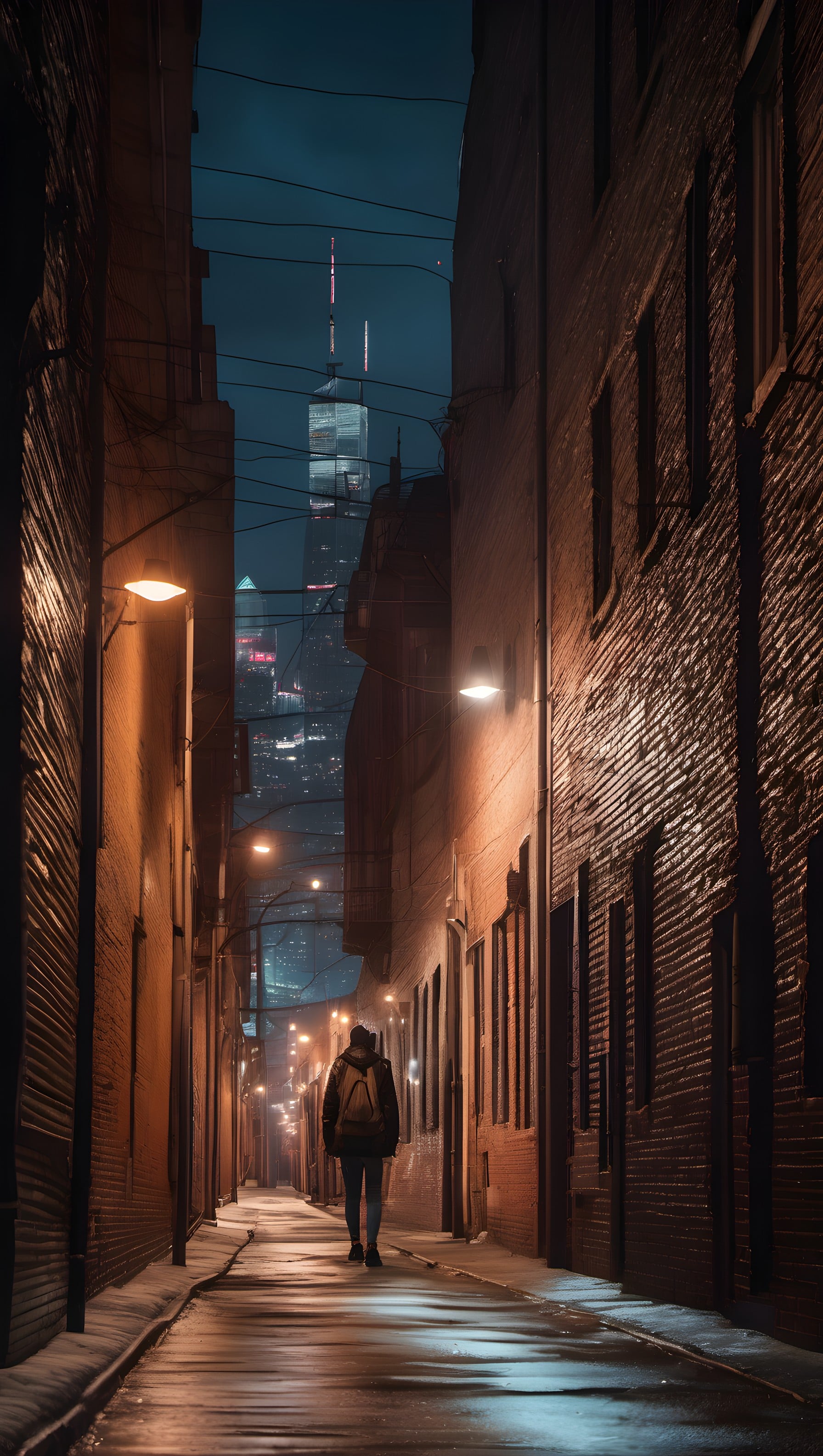 Urban Alleyway Night Walk with City Skyline View, urban alley, night city, solitary walk, cityscape, streetlights, moody