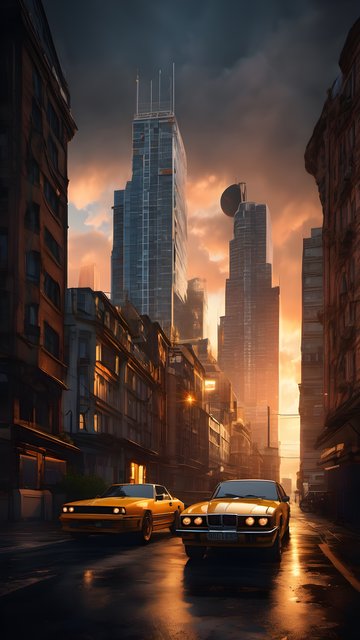 Golden Hour Cityscape: Classic Cars & Urban Glow