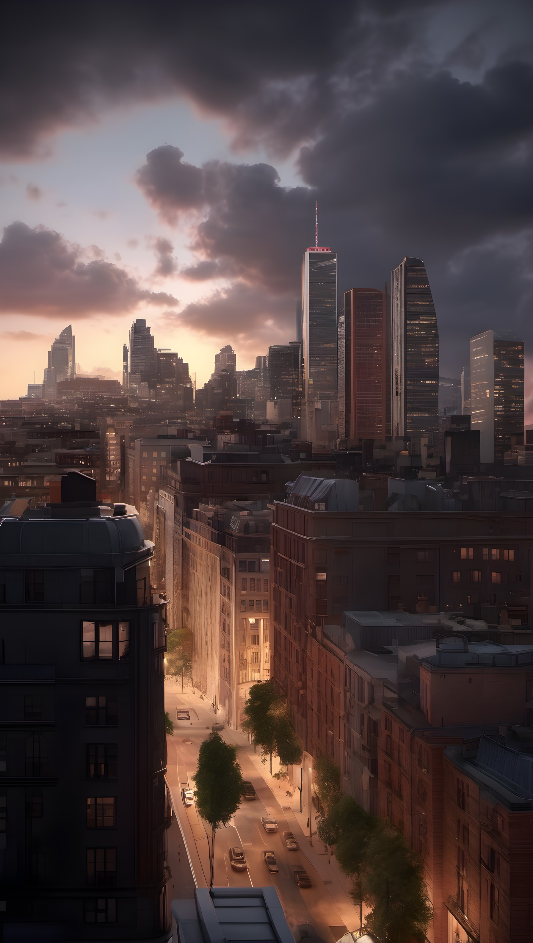 Dusk City Skyline with Golden Streetlights, city skyline, dusk, urban landscape, streetlights, skyscrapers, moody sky