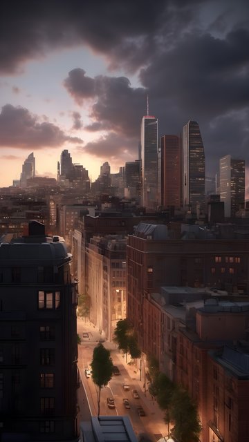 Dusk City Skyline with Golden Streetlights