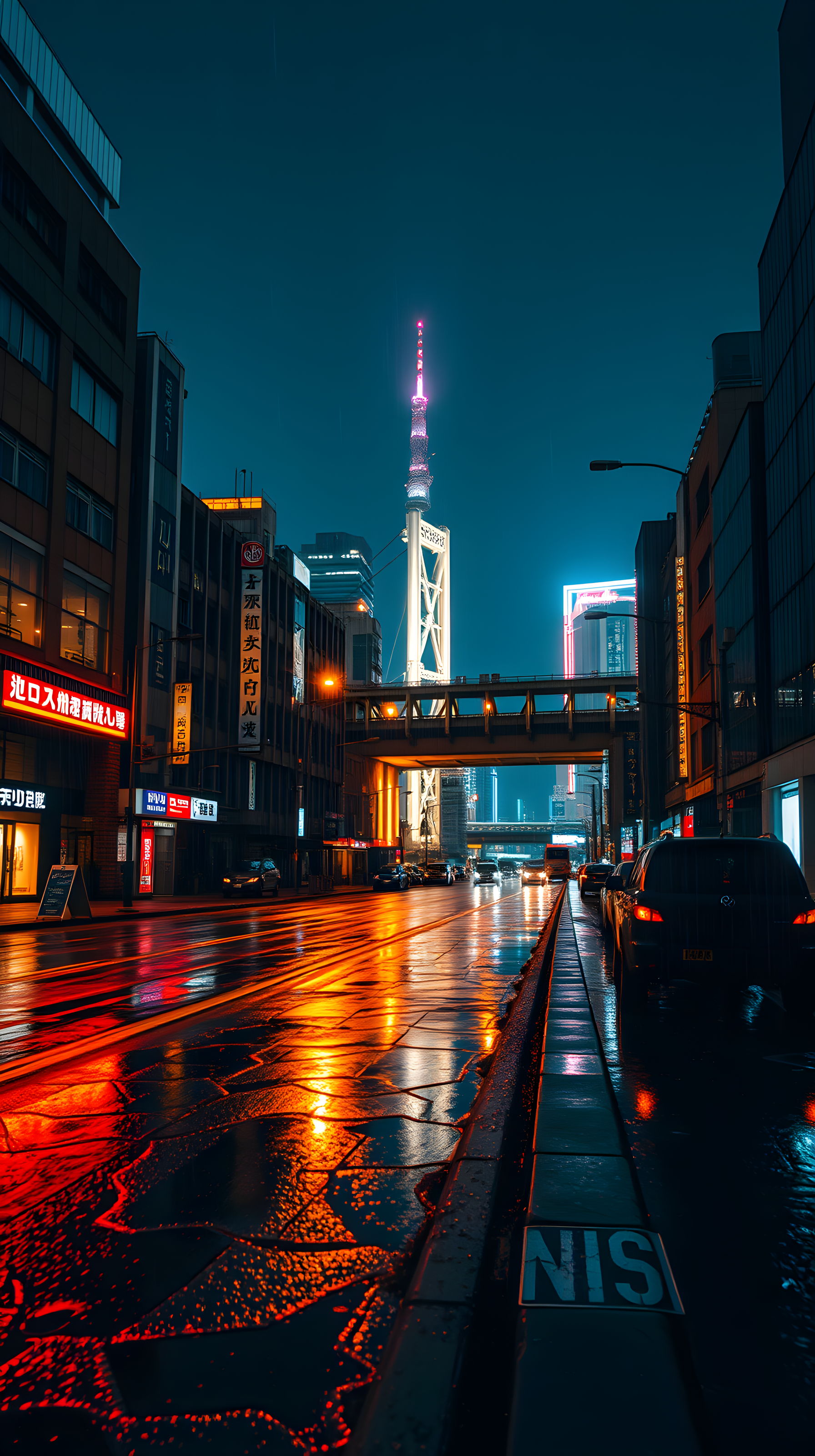 Neon City Rain Night: Tokyo Street & Illuminated Tower, cityscape, urban, night, rain, neon, tower