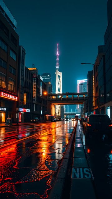 Neon City Rain Night: Tokyo Street & Illuminated Tower