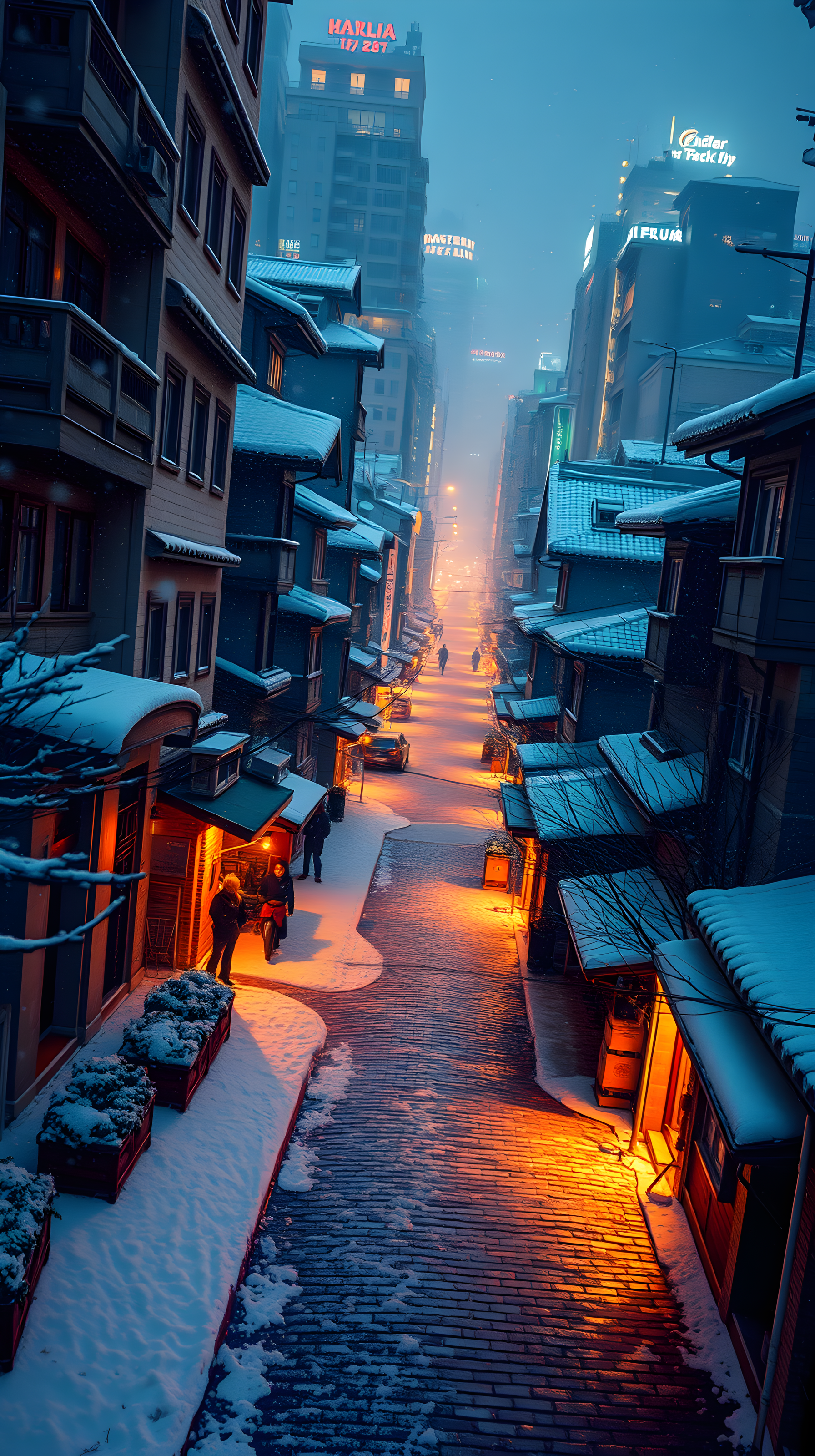 Cozy Snowy City Street at Night with Warm Lights, snowy street, winter city, urban night, cozy lights, cobblestone, blue orange aesthetic