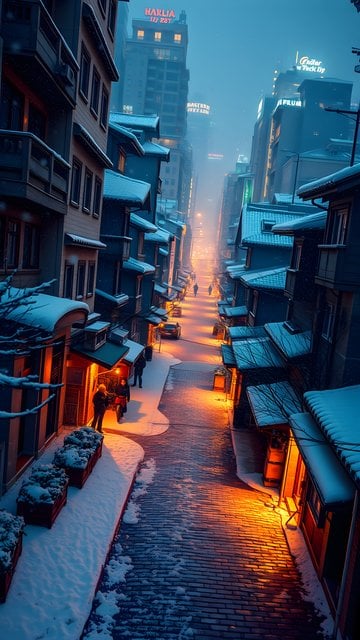 Cozy Snowy City Street at Night with Warm Lights