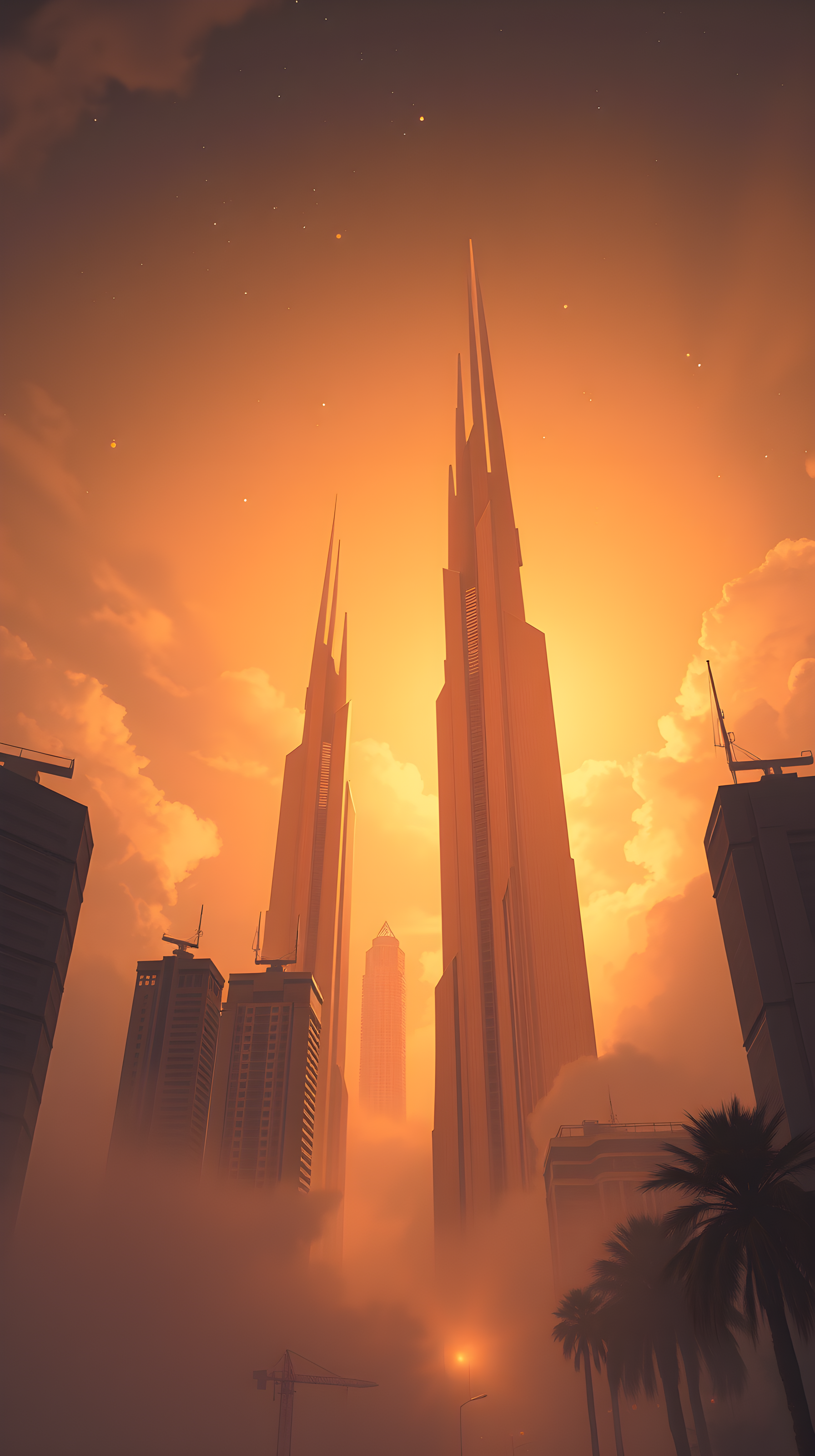 Dreamy Orange Sunset Cityscape: Futuristic Skyscrapers in Fog, futuristic cityscape, orange sunset, skyscrapers, foggy city, urban architecture, dreamy aesthetic