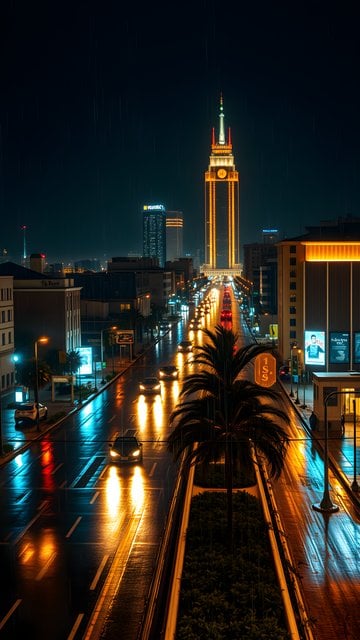 Rainy City Night Lights Reflection