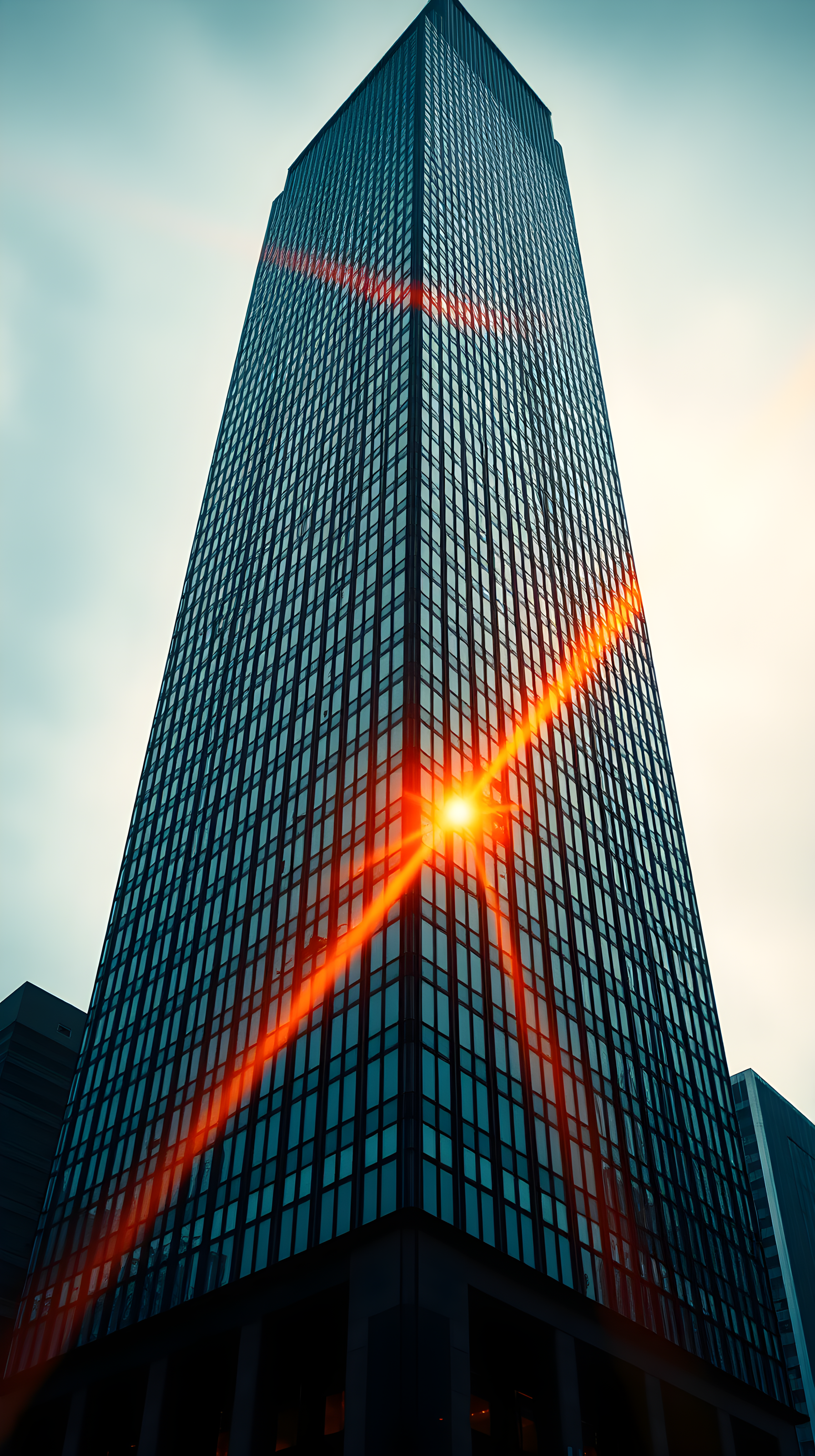 Striking Skyscraper with Fiery Lens Flare Wallpaper, skyscraper, cityscape, architecture, modern, urban, lens flare
