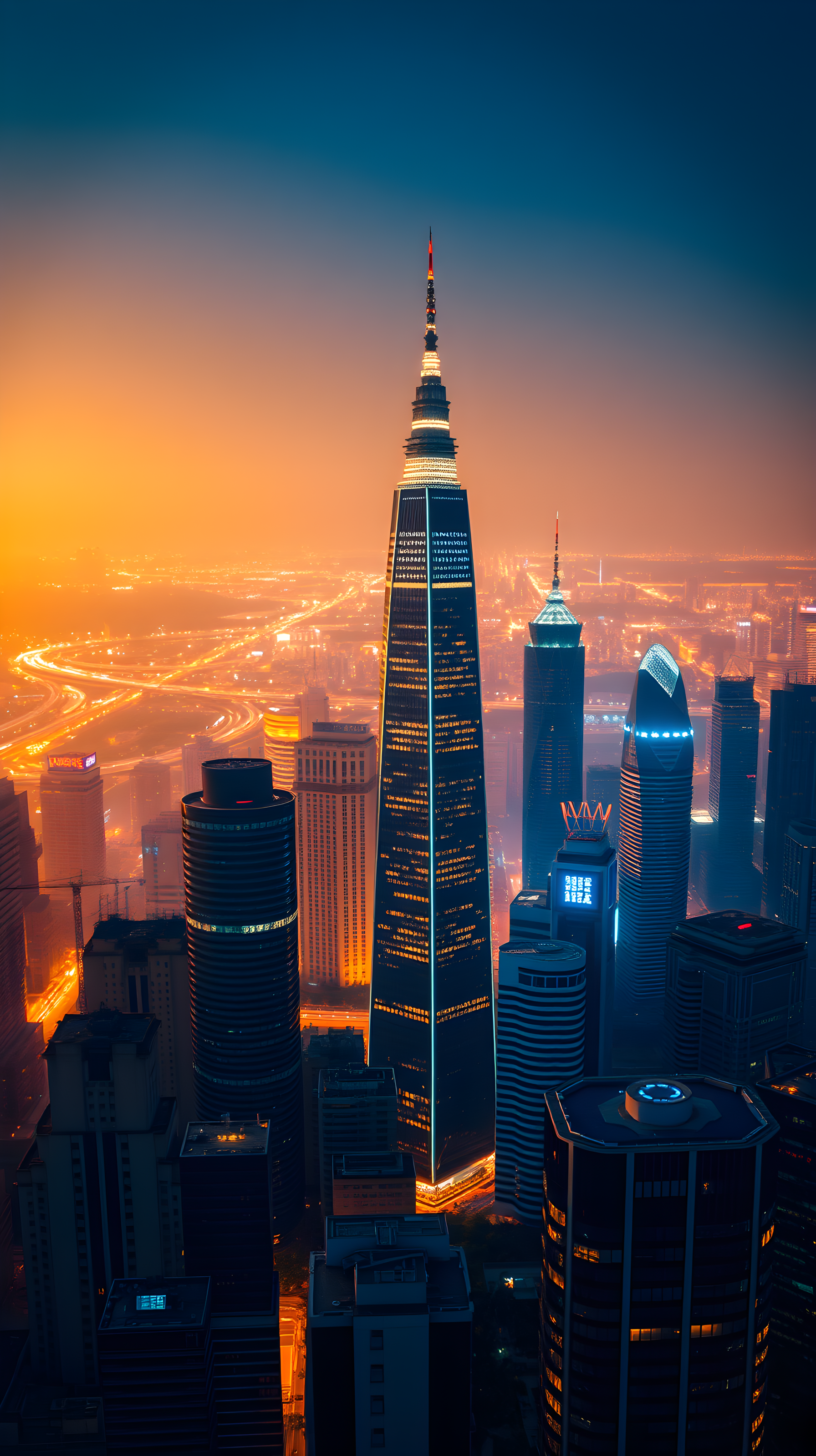 Cyberpunk City Skyline Dusk Mobile Wallpaper, cyberpunk, cityscape, skyscraper, night city, urban, futuristic