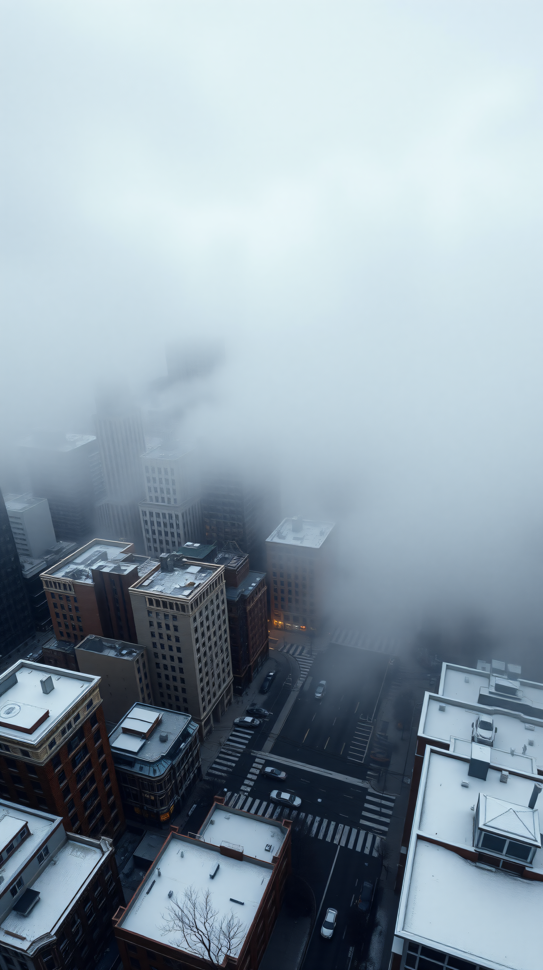 Misty Urban Cityscape Wallpaper, Foggy Winter Morning, cityscape, foggy, urban, winter, aerial view, minimalist