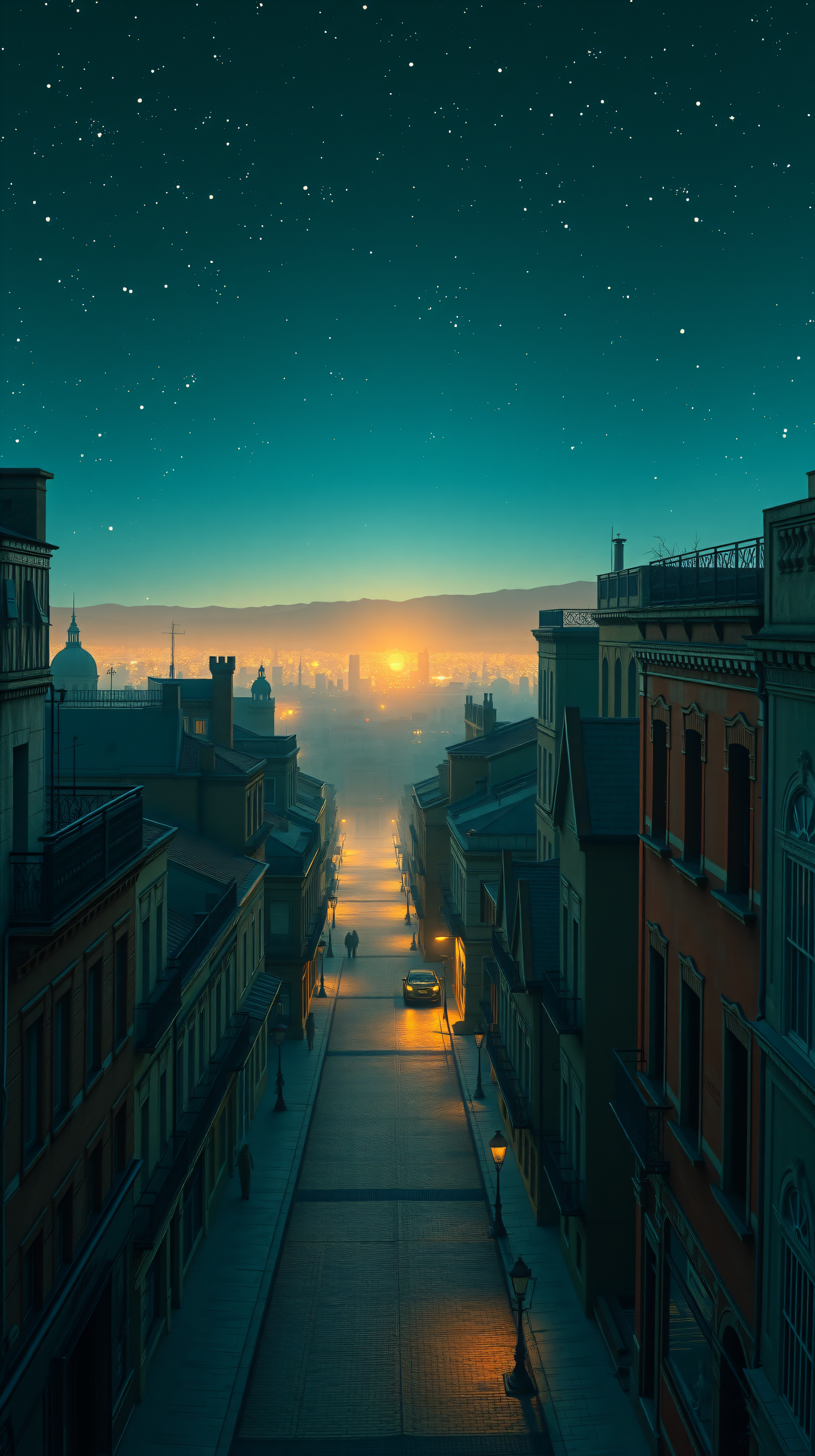 Starry Teal Twilight Cityscape with Golden Sunrise, cityscape, twilight, sunrise, starry sky, urban, street