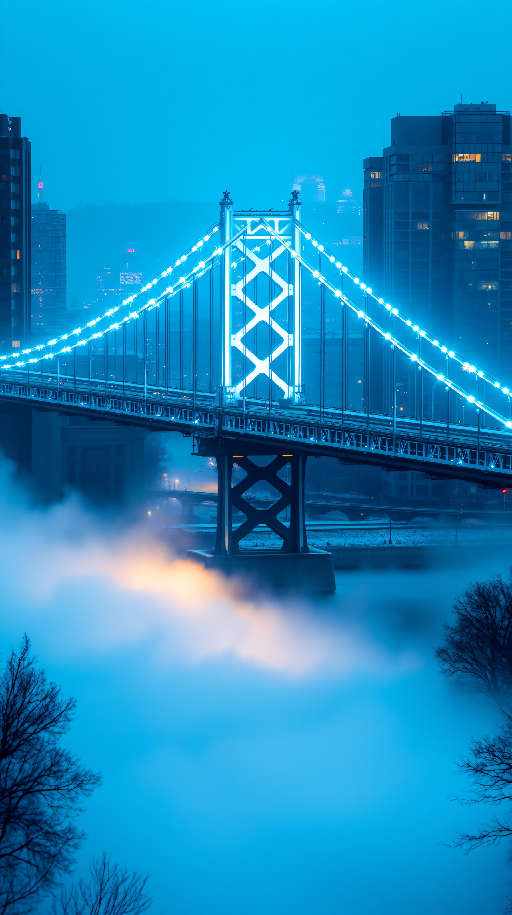 Misty Blue City Bridge at Night Wallpaper, bridge, cityscape, foggy, misty, neon blue, night