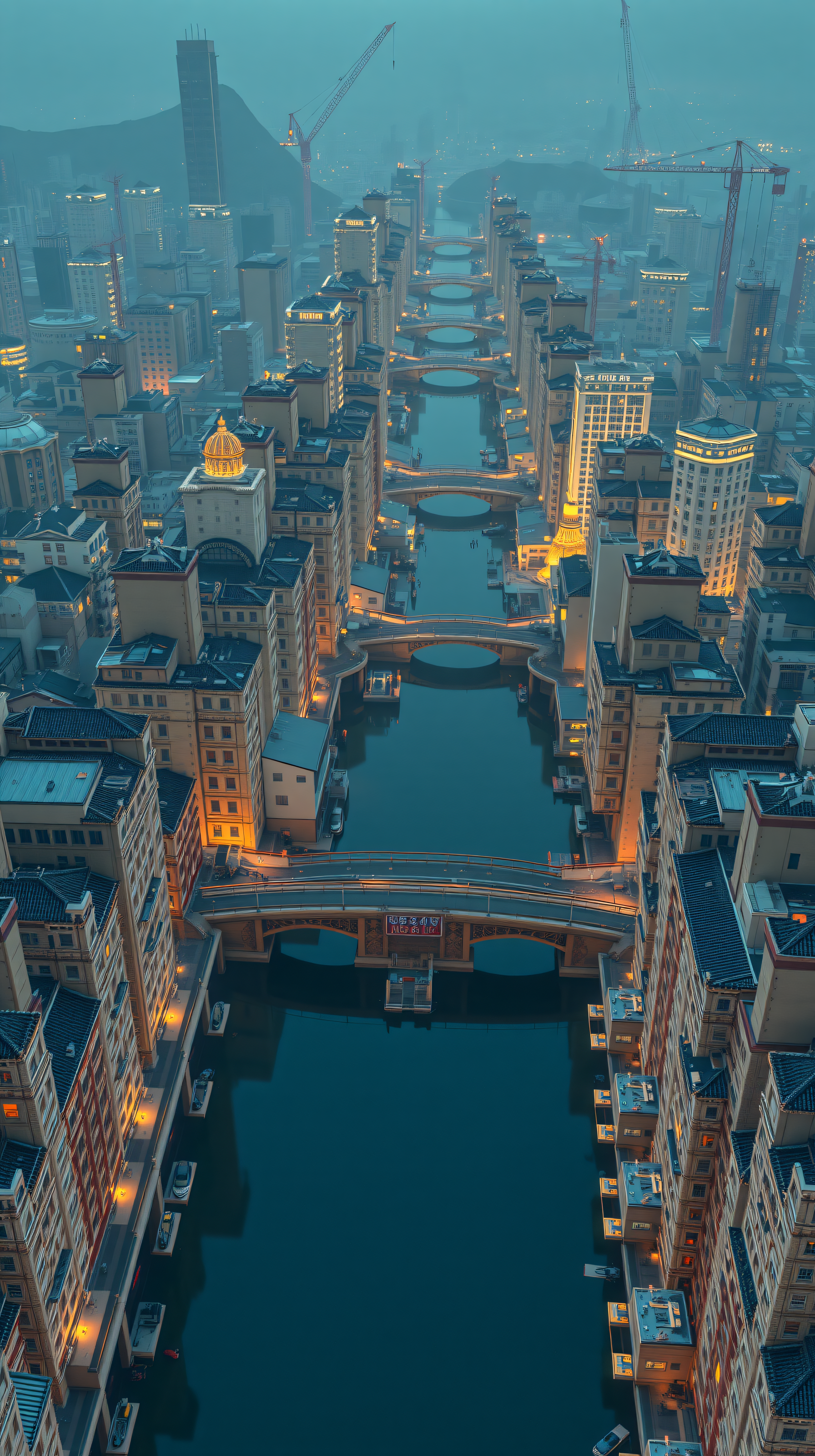 Misty Twilight City Canal View Wallpaper, cityscape, urban, canal city, twilight, misty, blue aesthetic