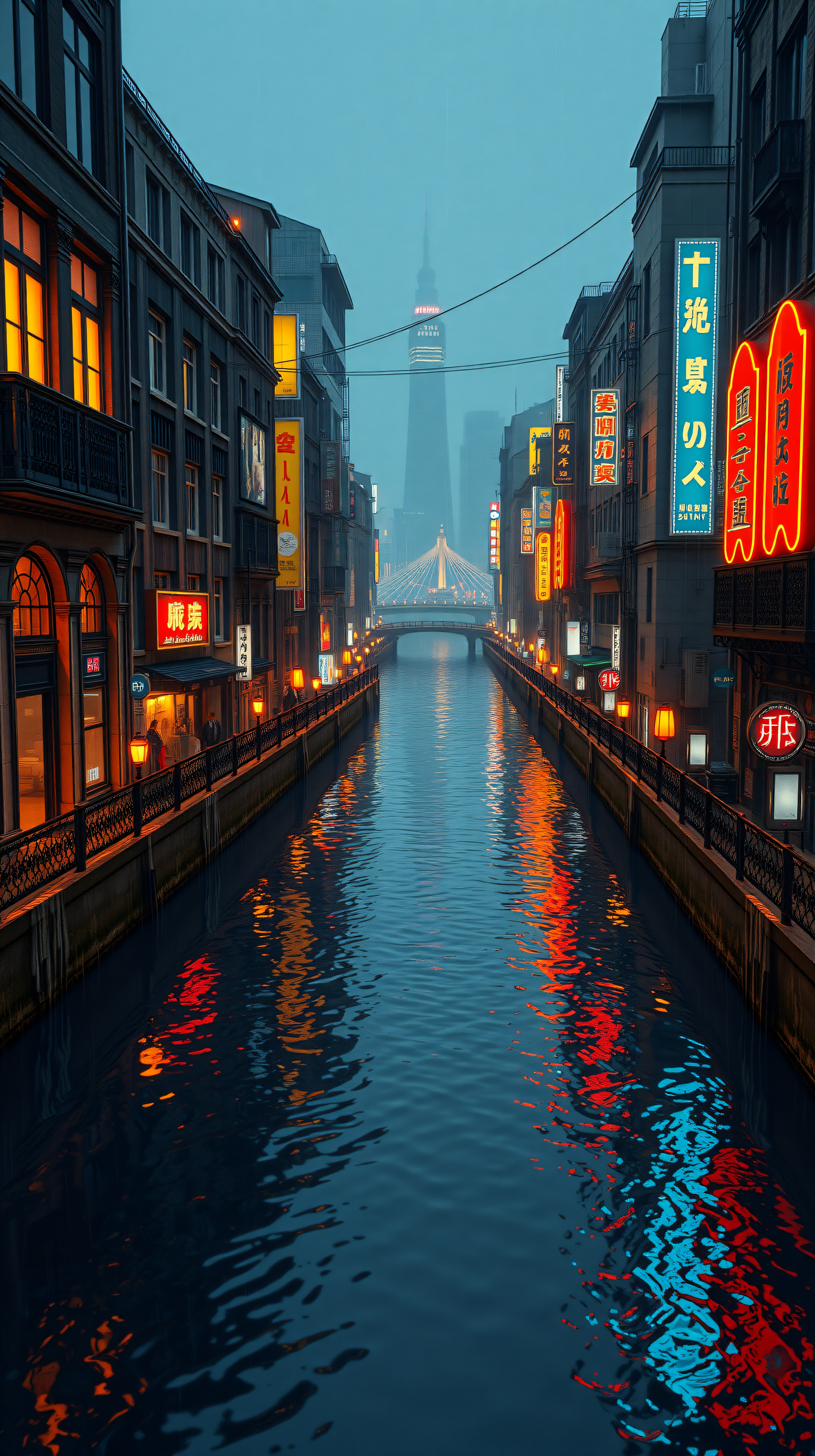 Misty Urban Canal Night with Vibrant Neon Glow, cityscape, urban, canal, night, neon, reflections