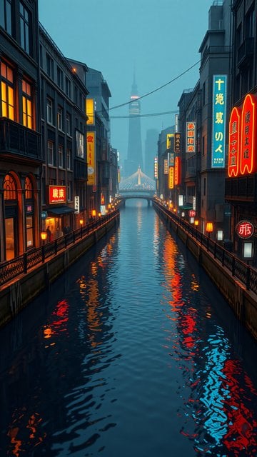 Misty Urban Canal Night with Vibrant Neon Glow