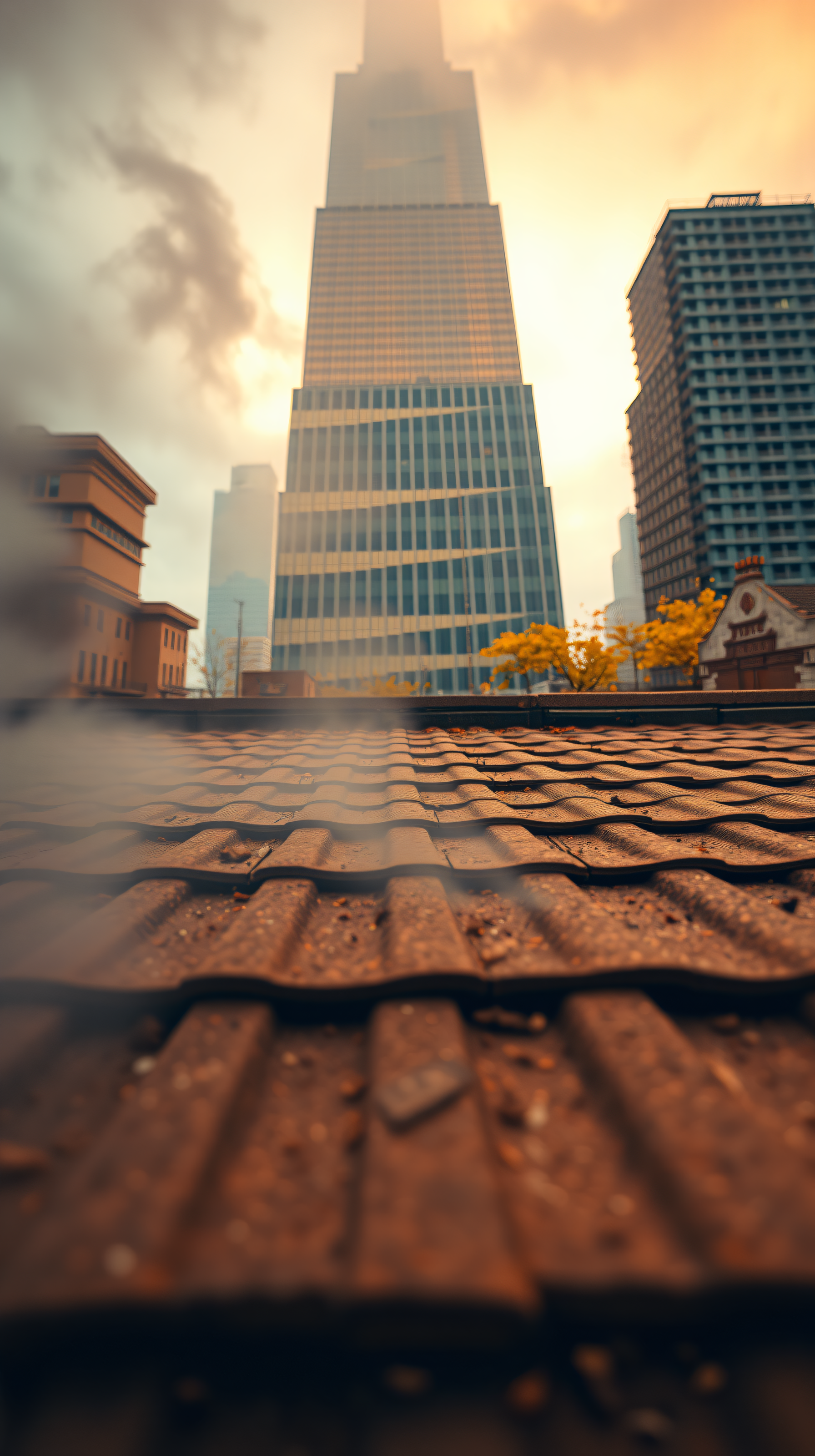 Urban Rooftop View at Golden Hour, urban, cityscape, rooftop, golden hour, sunset, hazy