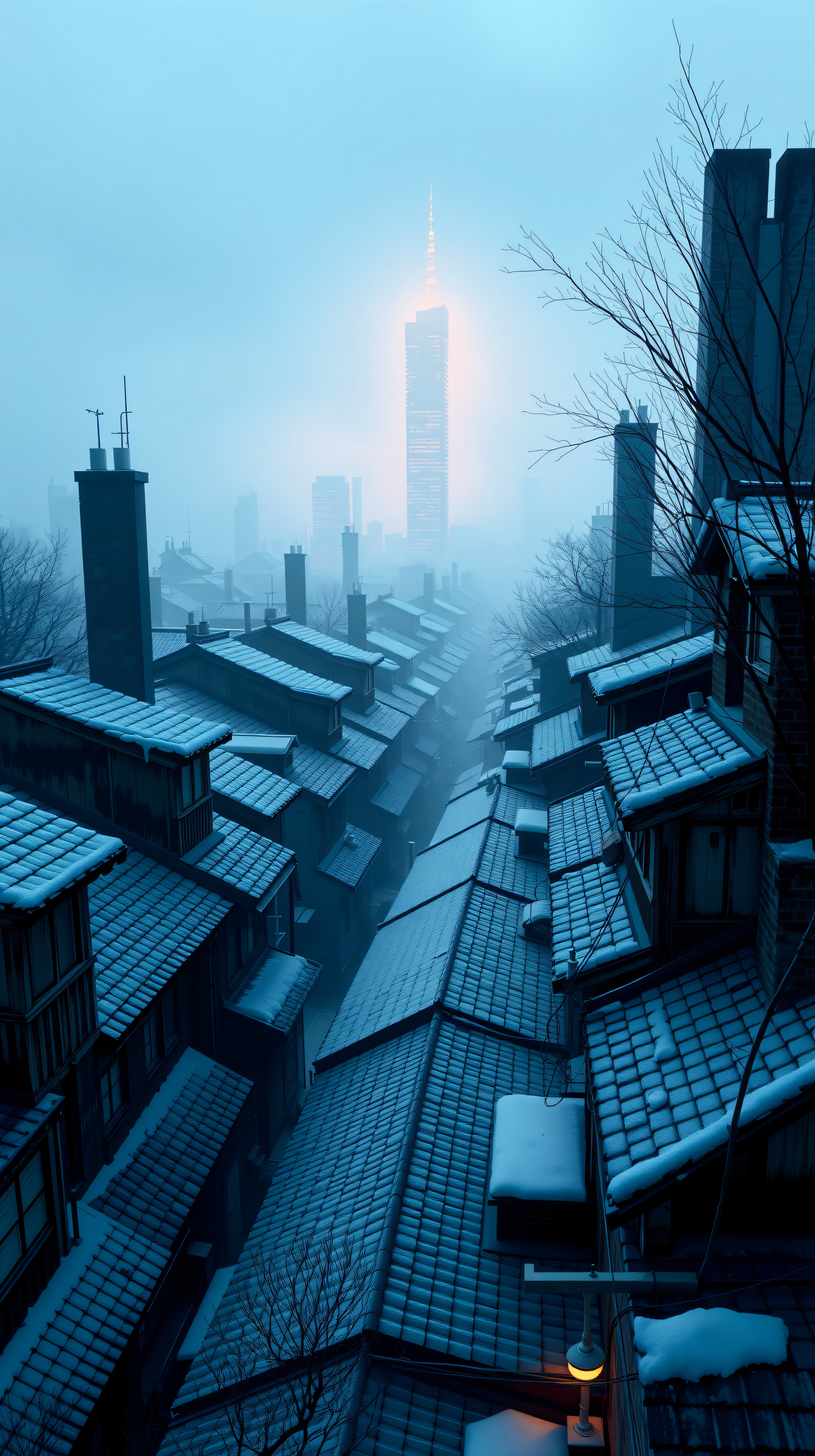 Misty Winter Cityscape with Glowing Skyscraper, misty city, winter cityscape, snowy rooftops, glowing skyscraper, urban fog, moody blue