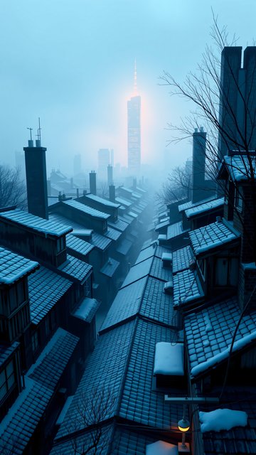 Misty Winter Cityscape with Glowing Skyscraper