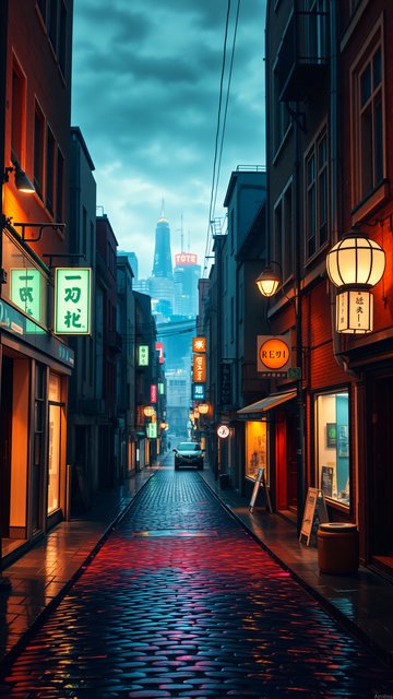 Neon Lit Cyberpunk City Street at Dusk
