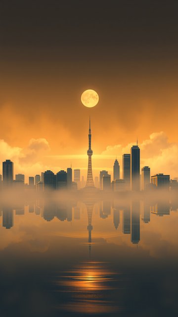Golden City Skyline Full Moon Reflection
