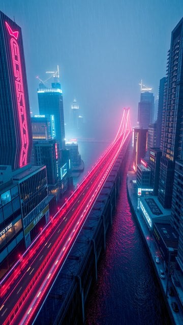 Cyberpunk City Rain, Neon Bridge Night Wallpaper