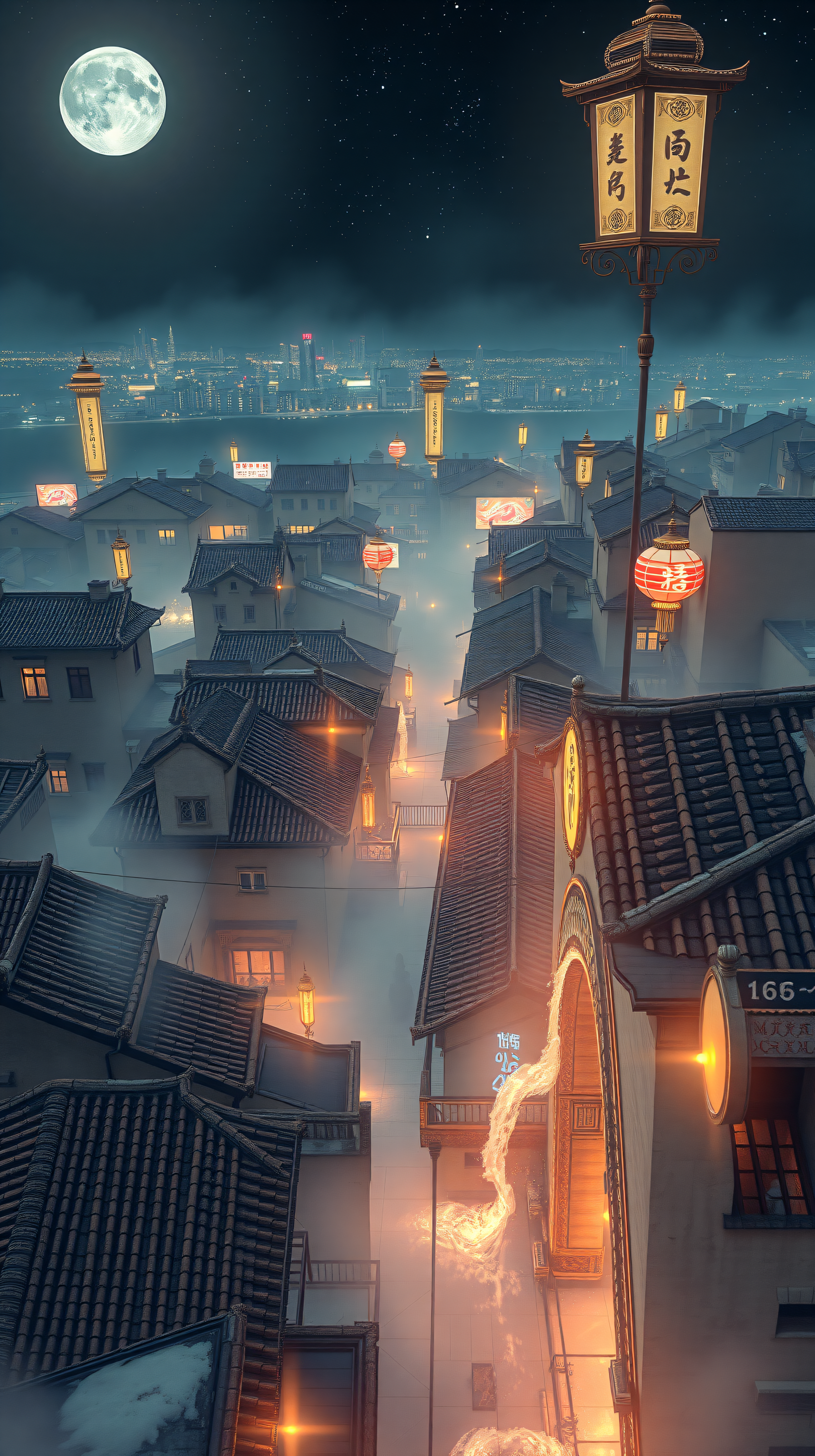 Moonlit East Asian Old Town Alley with Glowing Lanterns, moonlit, old town, asian lanterns, nightscape, foggy street, traditional architecture