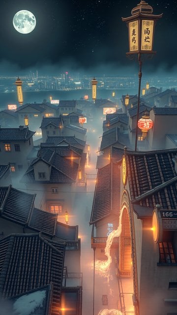 Moonlit East Asian Old Town Alley with Glowing Lanterns