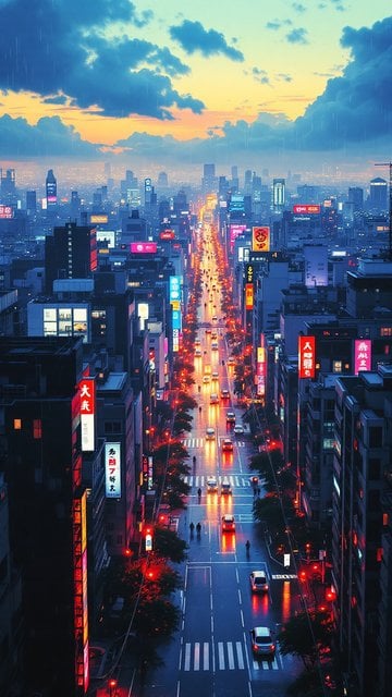 Neon City Street Rain Sunset Aesthetic Wallpaper