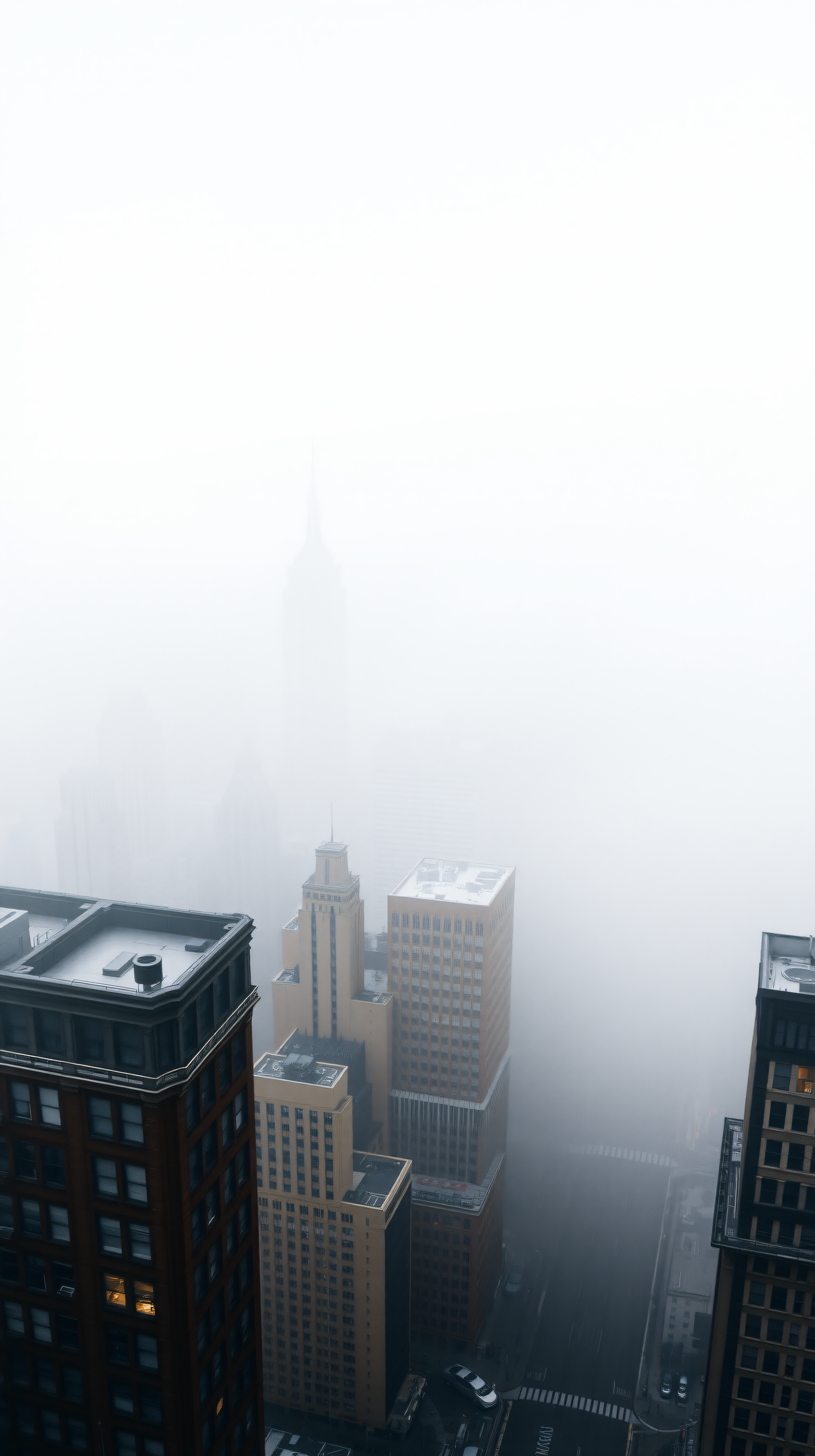 Foggy City Skyscraper Rooftops View, foggy city, misty urban, skyscraper view, moody architecture, minimalist cityscape, gray wallpaper