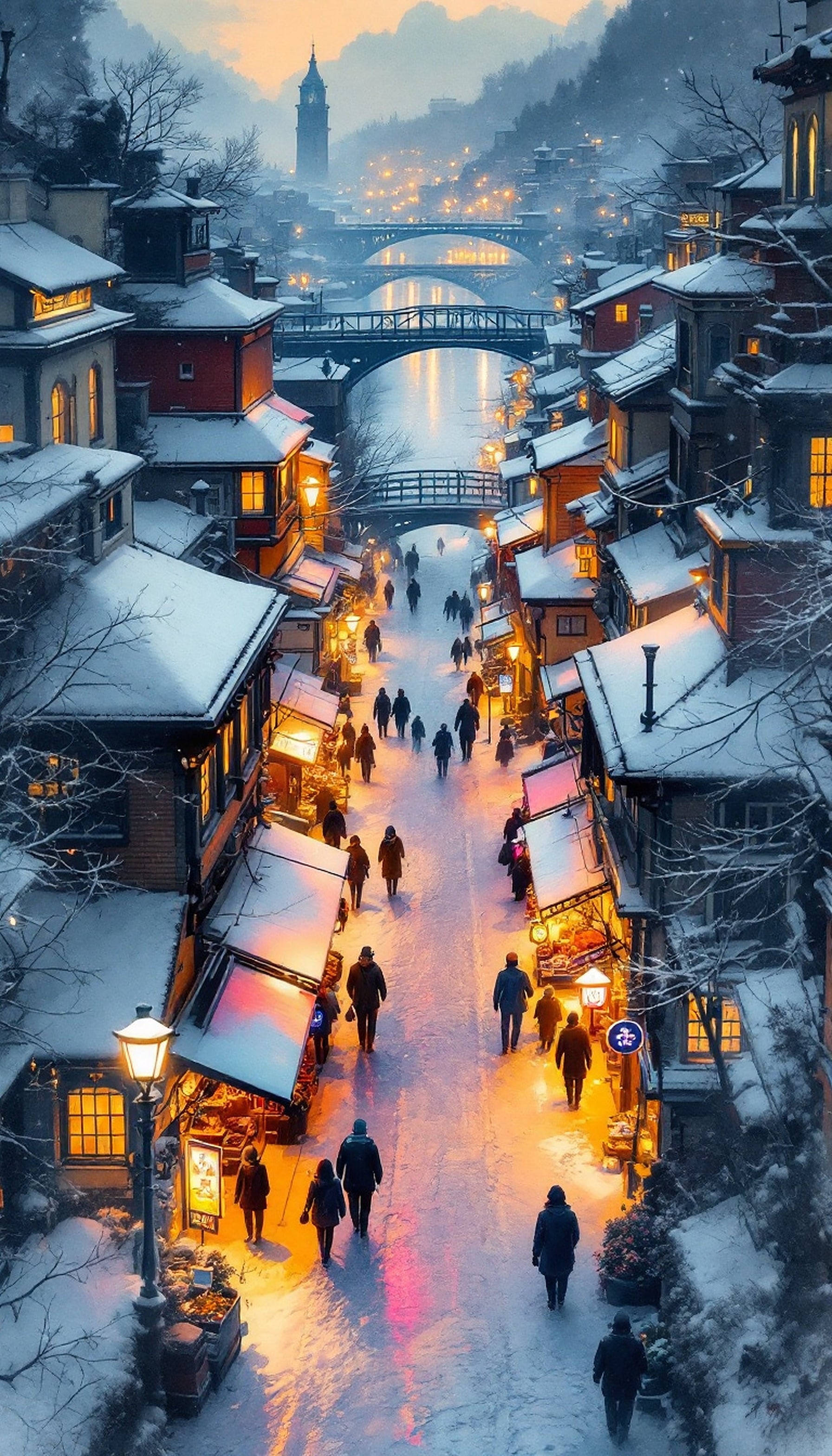 Cozy Winter Night Market Town Snow Wallpaper, winter town, snowy village, night market, cozy aesthetic, warm lights, christmas wallpaper