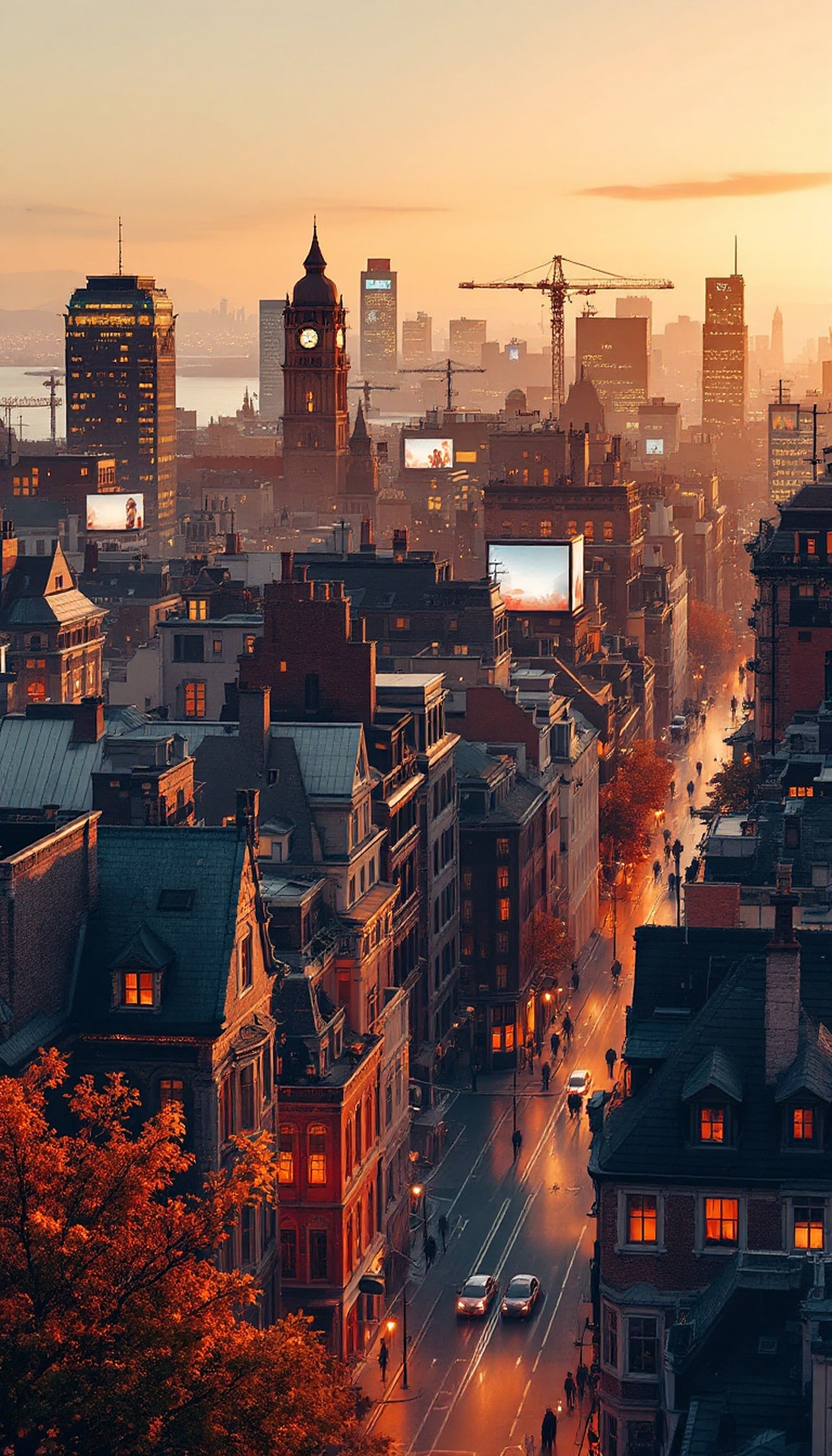 Autumn City Sunset Warmth Urban Street View, cityscape, sunset, autumn, golden hour, urban, street
