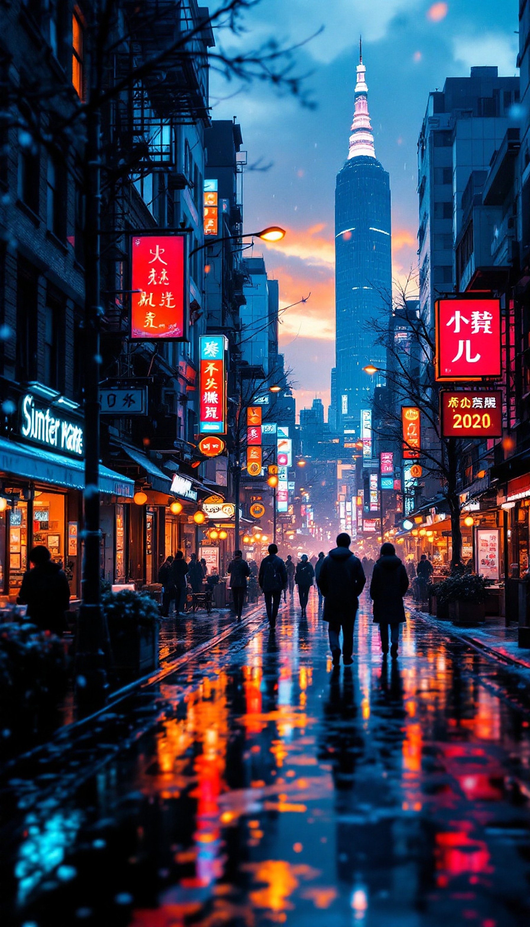 Neon City Street Rain Reflections Wallpaper, cityscape, neon lights, rainy street, urban night, cyberpunk, blue orange