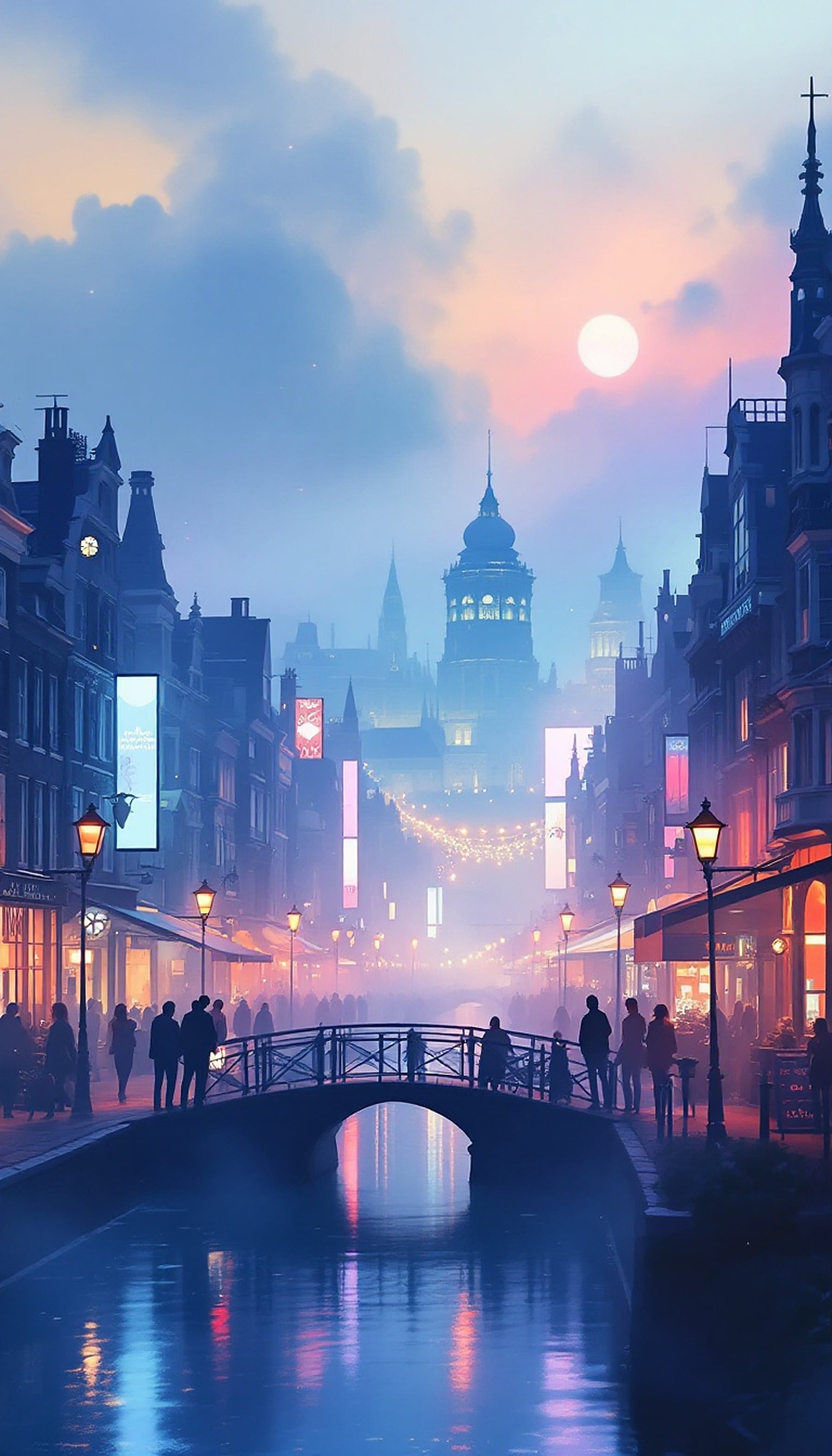 Dreamy European Canal Cityscape at Sunset, cityscape, canal, sunset, dreamy, pastel, urban