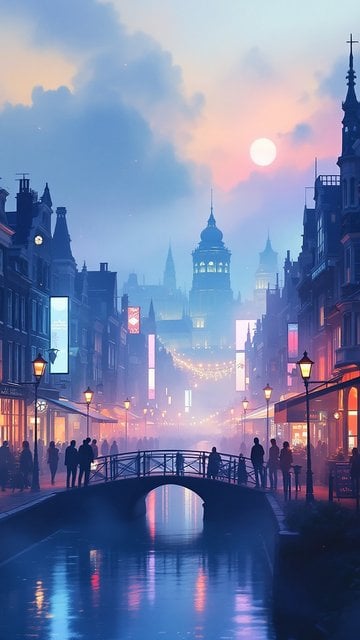 Dreamy European Canal Cityscape at Sunset