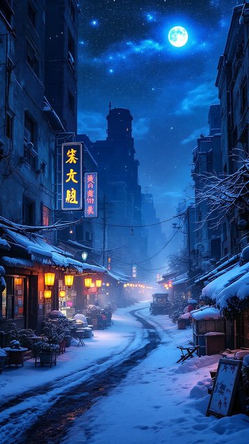 Snowy Asian City Street Under Blue Moonlit Sky