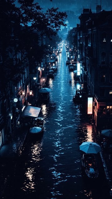 Rainy Night Canal Cityscape Wallpaper
