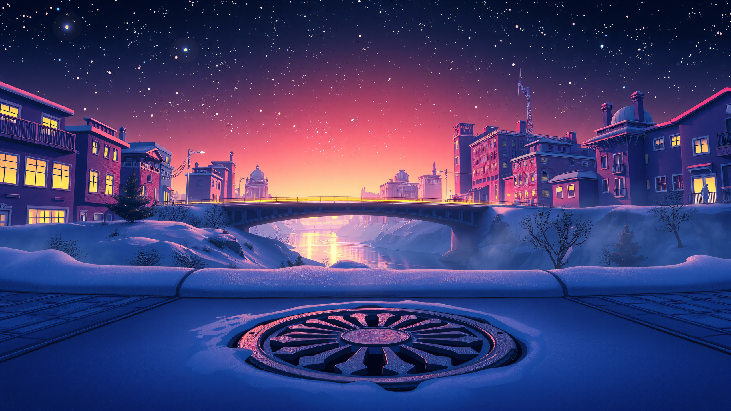 Winter Cityscape at Sunset Under Starry Sky, winter cityscape, sunset sky, starry night, snowy town, pink purple gradient, cozy aesthetic