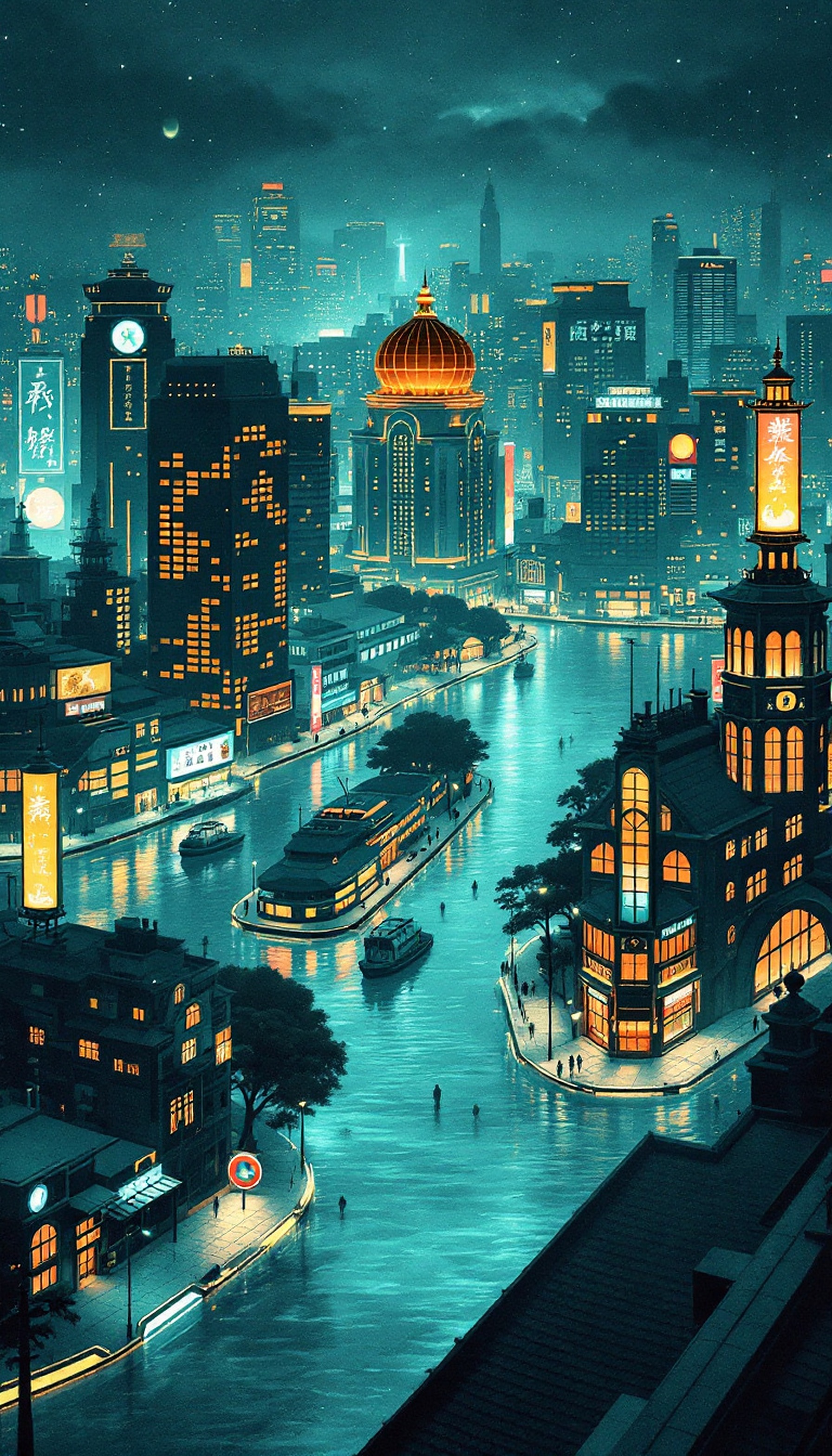Vibrant Neon City at Night River View, cityscape, night city, neon lights, river, urban aesthetic, futuristic