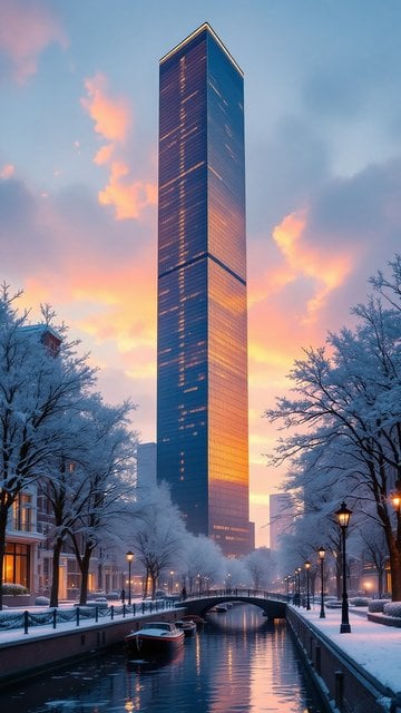 Winter City Canal Sunset Skyscraper